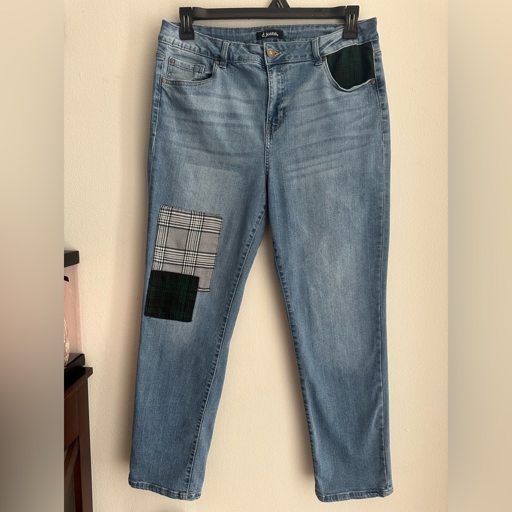 D. Jeans Women Blue Denim High Rise Patchwork Stretch straight legJeans Size 14